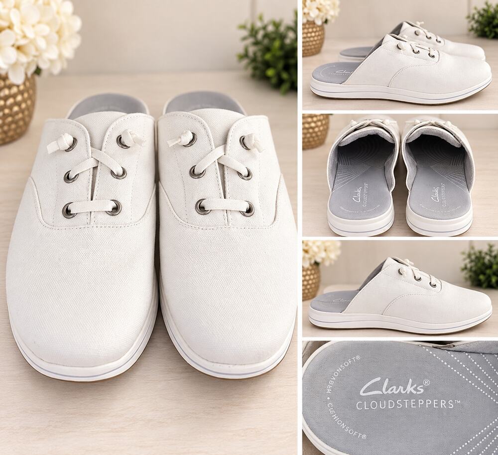 Clarks Cloudsteppers White Canvas Mule Sneakers Slip-On Shoes Size 9.5 New